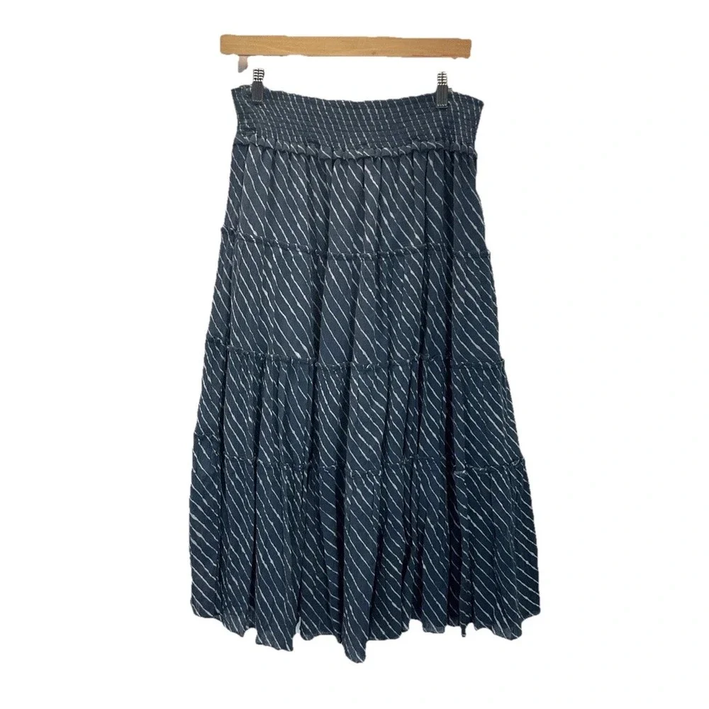 Lauren Ralph Lauren Blue Cotton Tiered Cottagecore Midi pullon Skirt Sz M Stripe